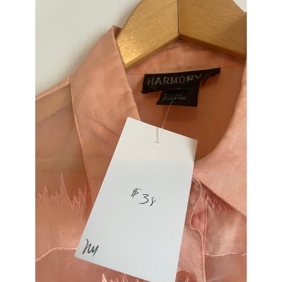 Harmony short sleeve linen button up shirt peach sheer collar art Size 18 - Picture 9 of 9